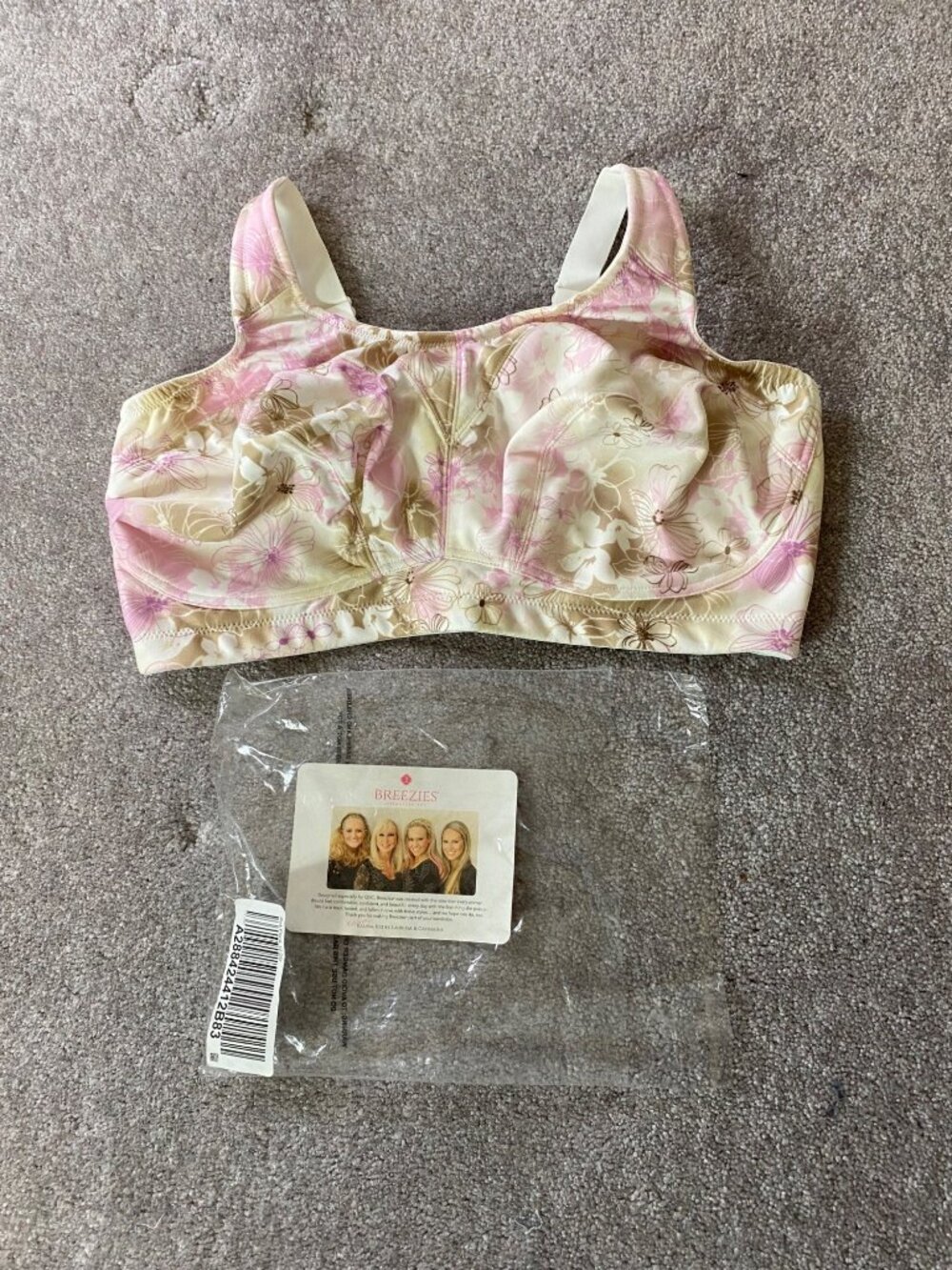 Breezies Womens Floral Full-Coverage Bra 42DD Lightly Lined Beige & Pink